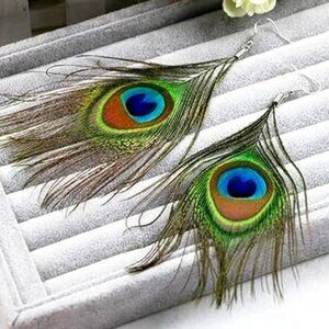 Peacock Feather Hook Dangle Boho Earrings